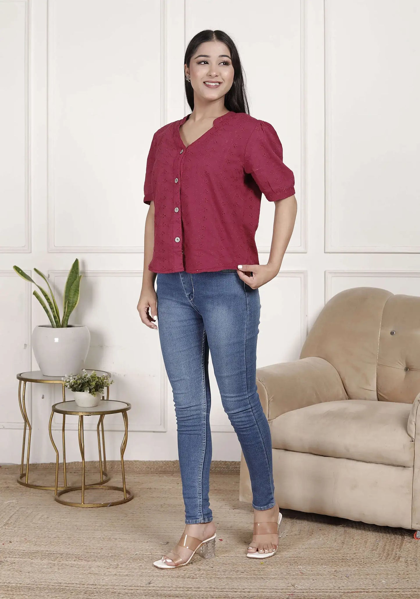 Maroon Cotton Schiffli Top with Puff Sleeves & V-Neckline | Stylish Summer Short Kurti – Lamenda