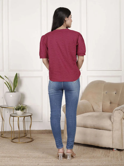 Maroon Cotton Schiffli Top with Puff Sleeves & V-Neckline | Stylish Summer Short Kurti – Lamenda
