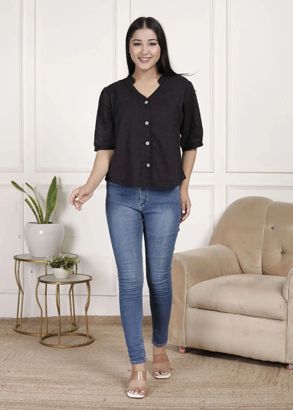 Black Cotton Eyelet Embroidered Top with V-Neck & Puff Sleeves | Casual Chic Short Kurti – Lamenda