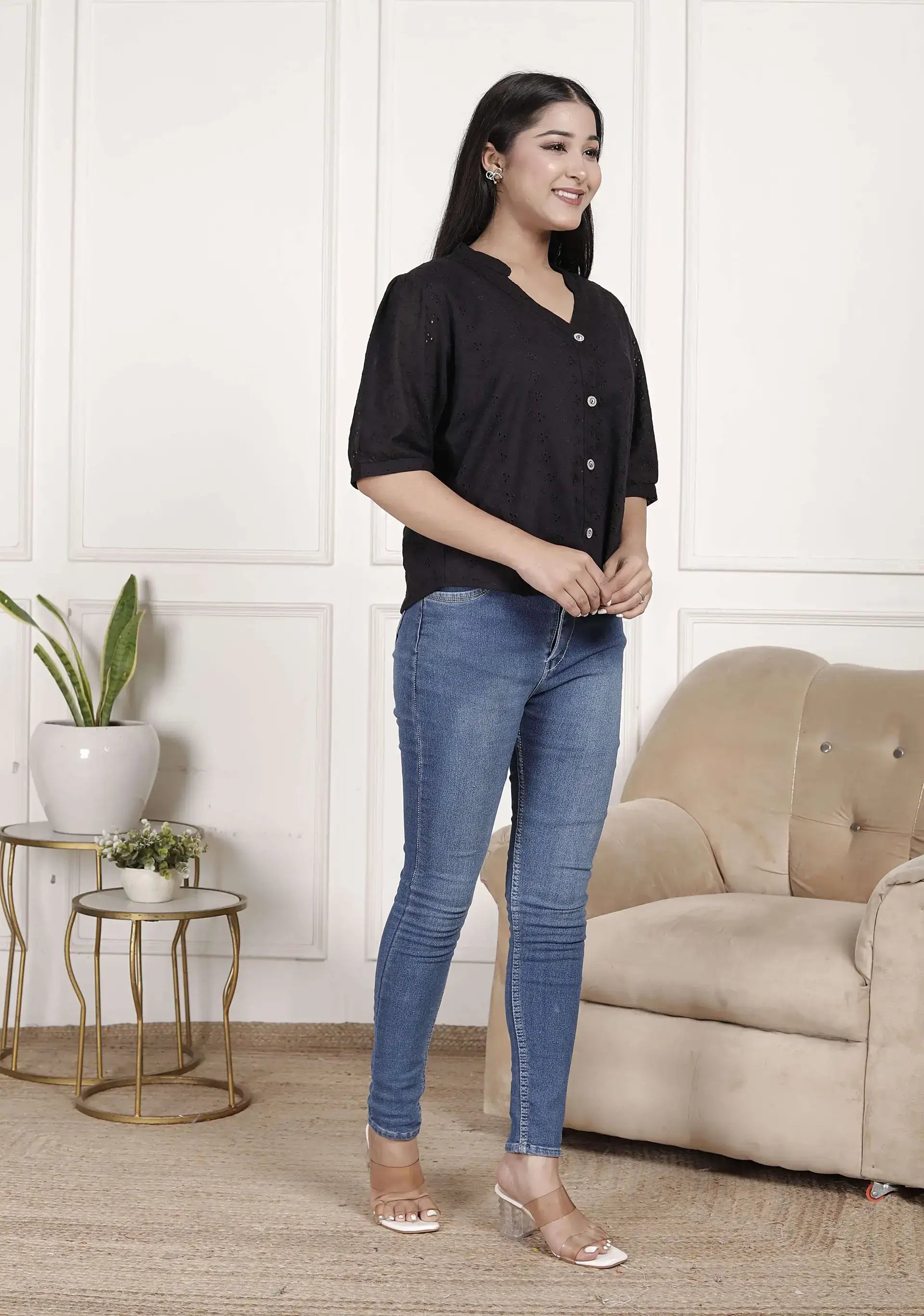 Black Cotton Eyelet Embroidered Top with V-Neck & Puff Sleeves | Casual Chic Short Kurti – Lamenda