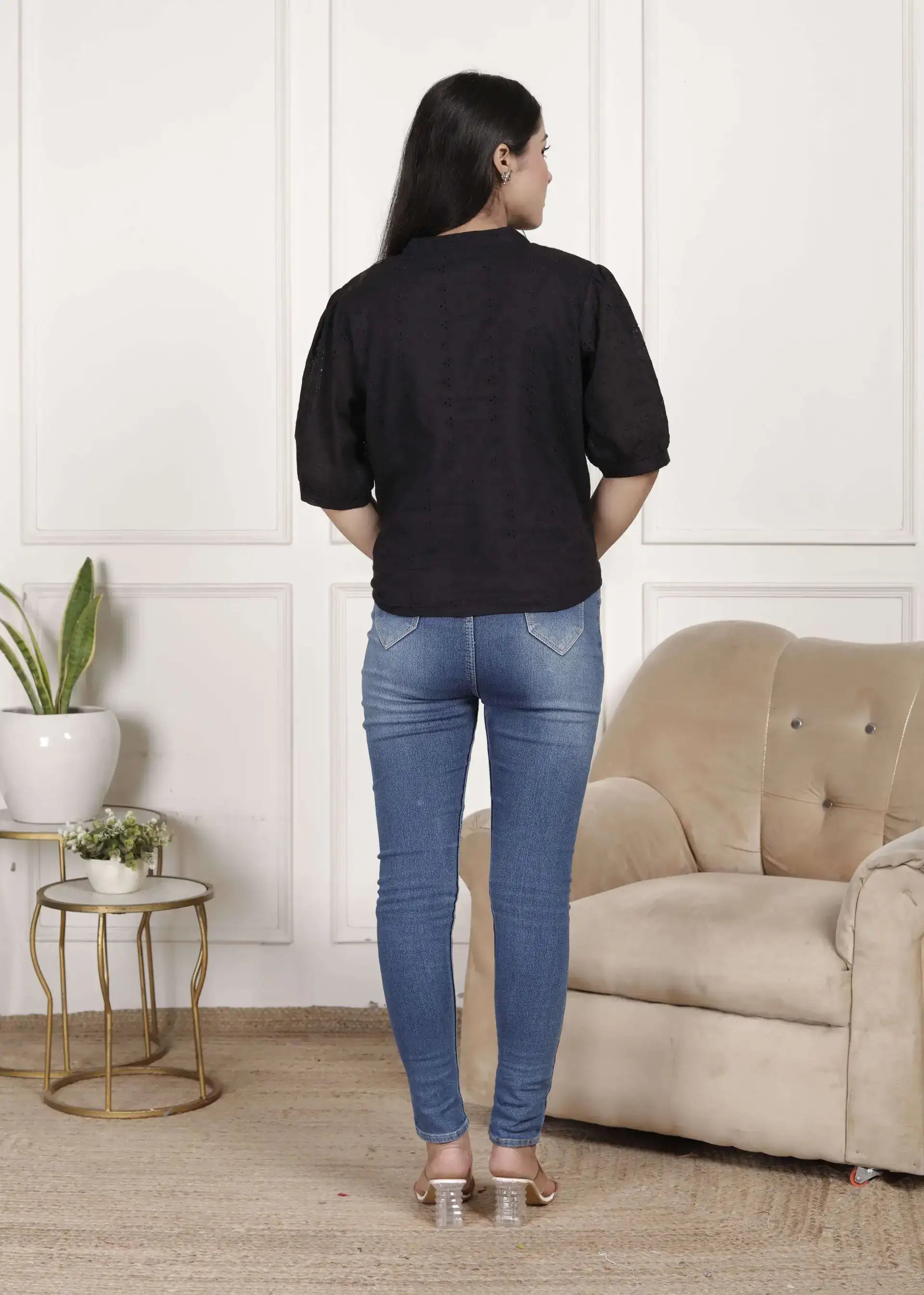 Black Cotton Eyelet Embroidered Top with V-Neck & Puff Sleeves | Casual Chic Short Kurti – Lamenda