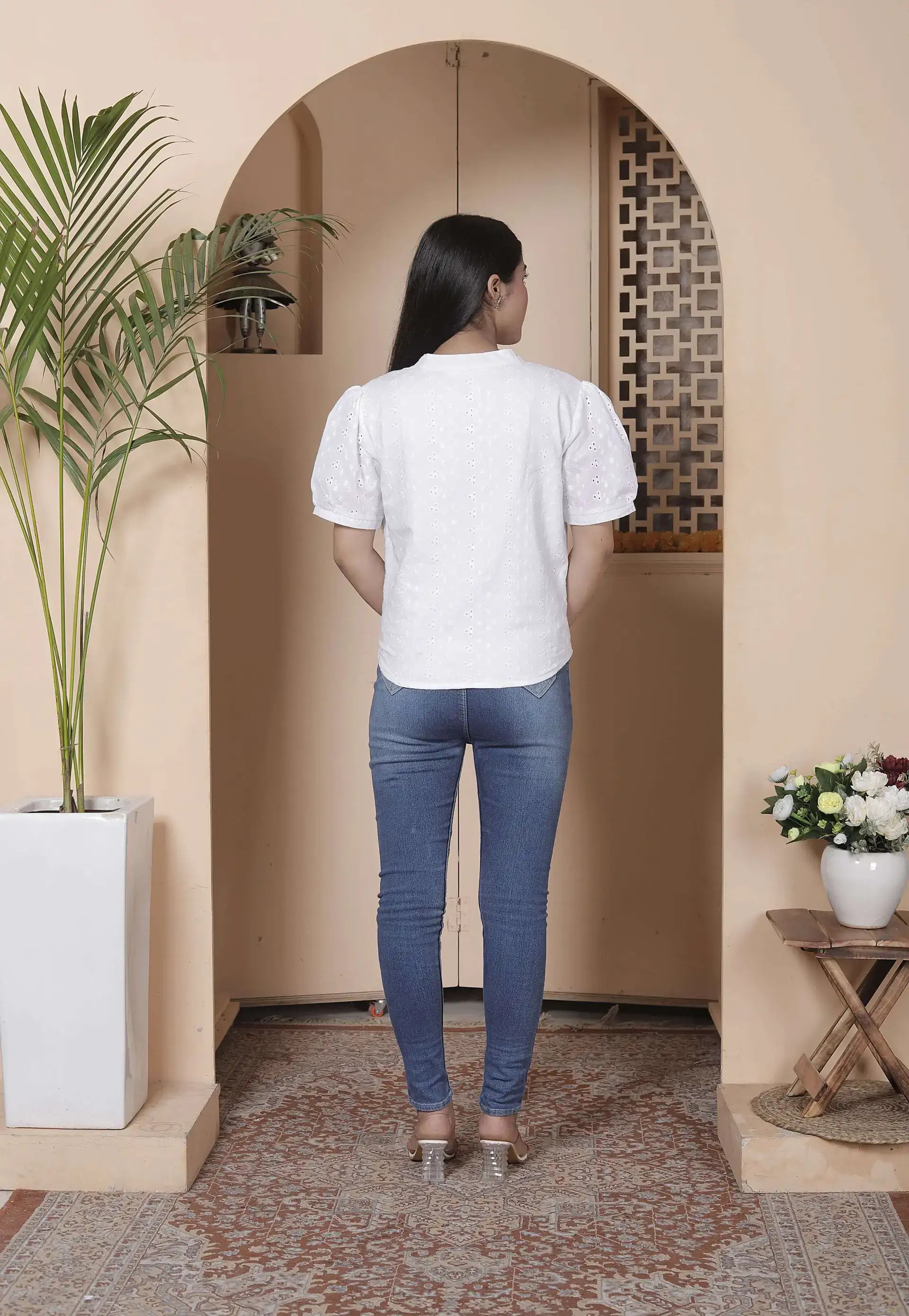 White Cotton Eyelet Embroidered Top with Puff Sleeves & V-Neck | Breezy Summer Short Kurti – Lamenda