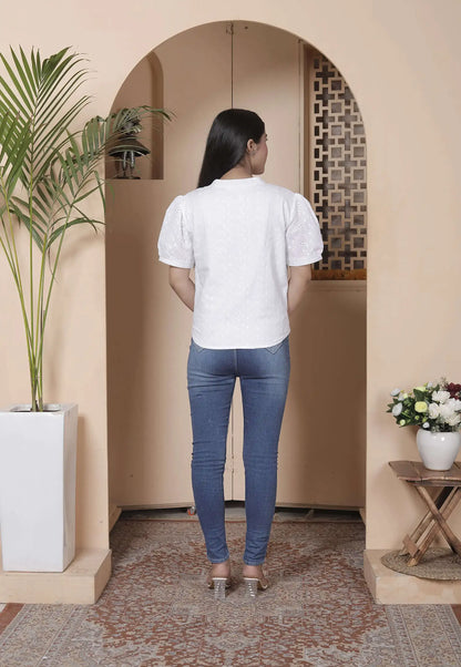 White Cotton Eyelet Embroidered Top with Puff Sleeves & V-Neck | Breezy Summer Short Kurti – Lamenda