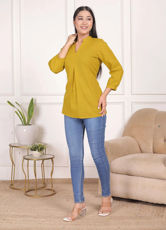 Mustard Yellow Cotton Solid Top with Front Pleat & Mandarin Neck | Elegant Workwear Kurti – Lamenda