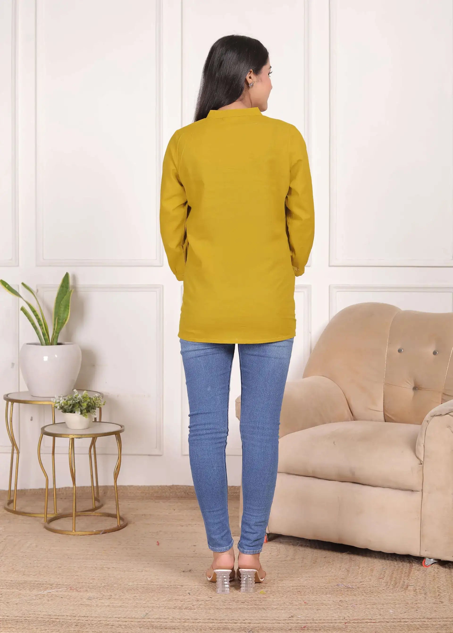 Mustard Yellow Cotton Solid Top with Front Pleat & Mandarin Neck | Elegant Workwear Kurti – Lamenda