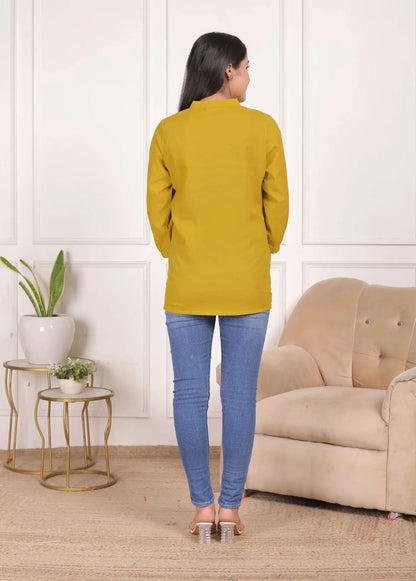 Mustard Yellow Cotton Solid Top with Front Pleat & Mandarin Neck | Elegant Workwear Kurti – Lamenda