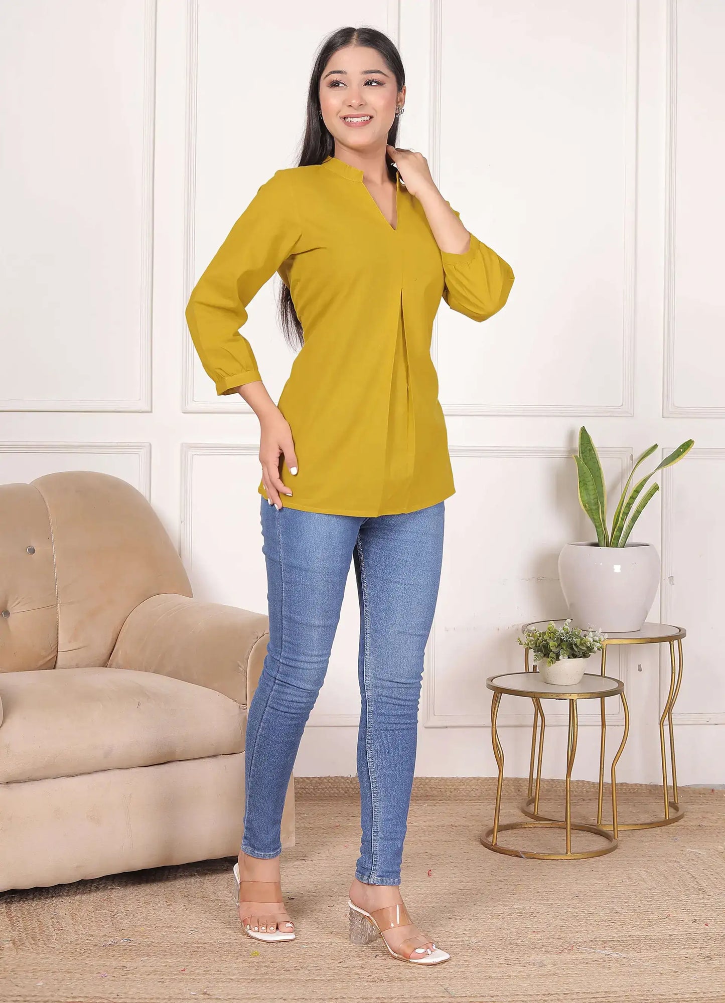 Mustard Yellow Cotton Solid Top with Front Pleat & Mandarin Neck | Elegant Workwear Kurti – Lamenda