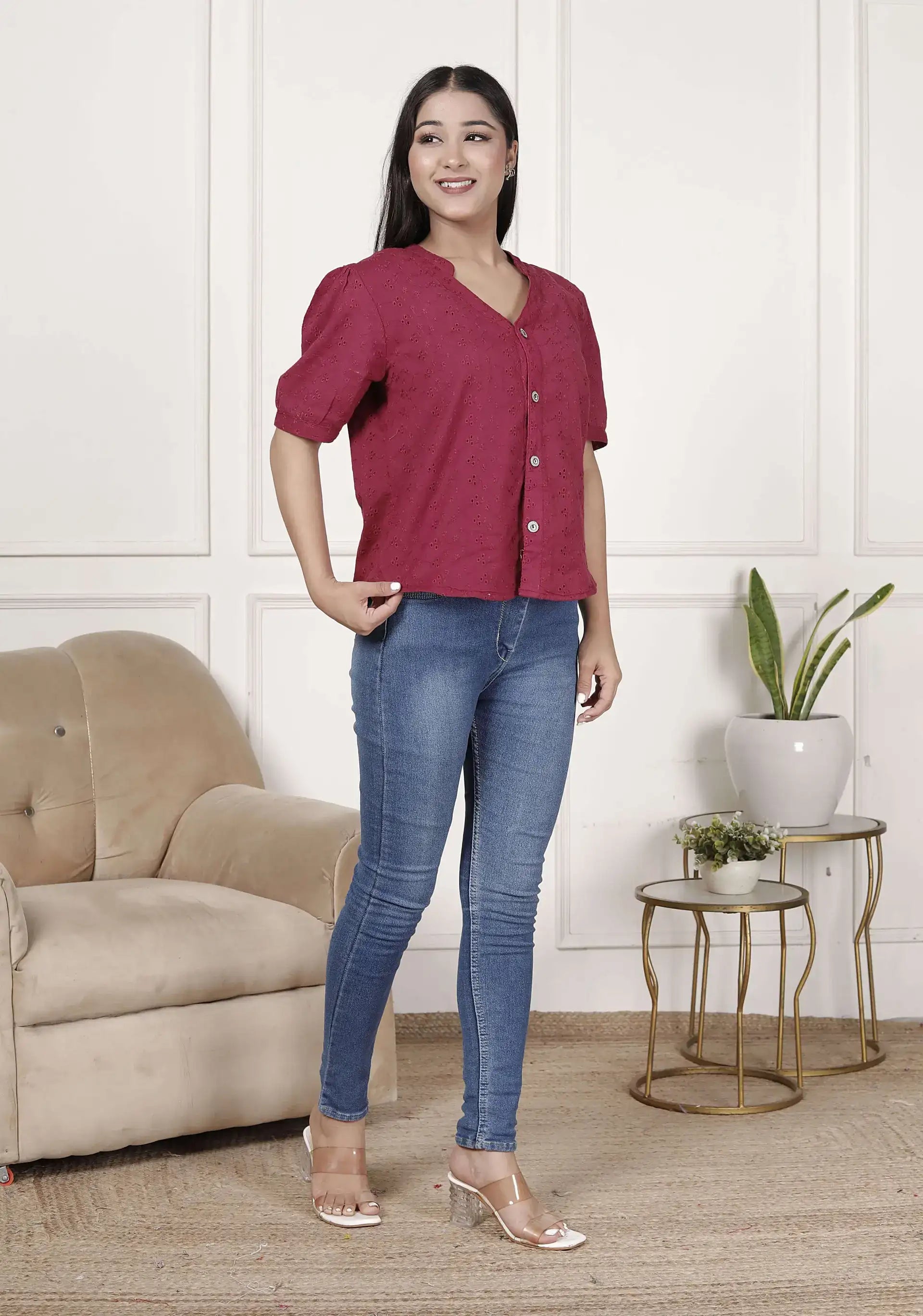 Maroon Cotton Schiffli Top with Puff Sleeves & V-Neckline | Stylish Summer Short Kurti – Lamenda