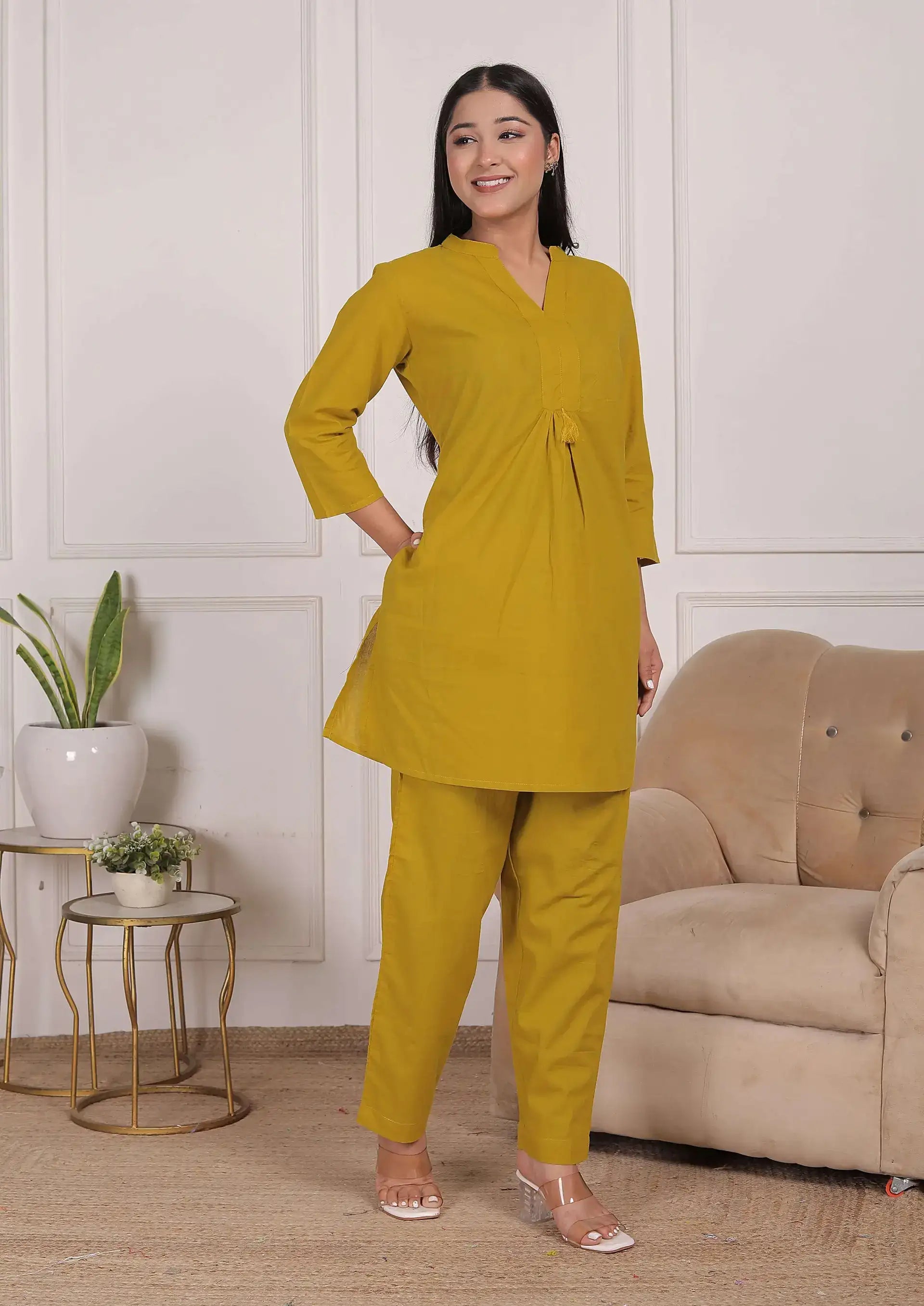 Mustard Yellow Cotton Kurta Set with Pleated Front & Tassel Detail | Elegant Dailywear Co-ord – Lamenda