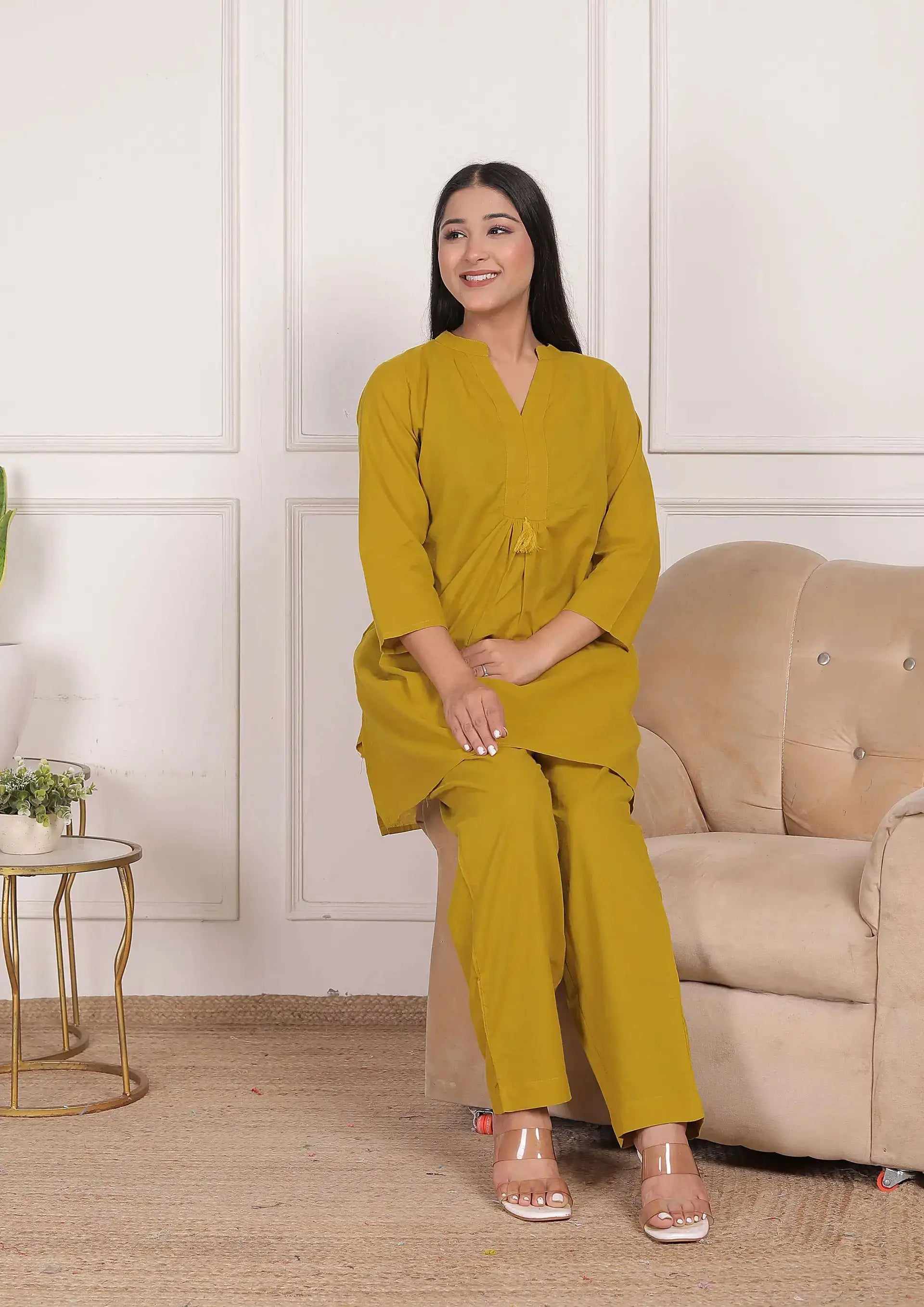 Mustard Yellow Cotton Kurta Set with Pleated Front & Tassel Detail | Elegant Dailywear Co-ord – Lamenda