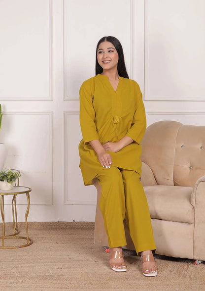 Mustard Yellow Cotton Kurta Set with Pleated Front & Tassel Detail | Elegant Dailywear Co-ord – Lamenda