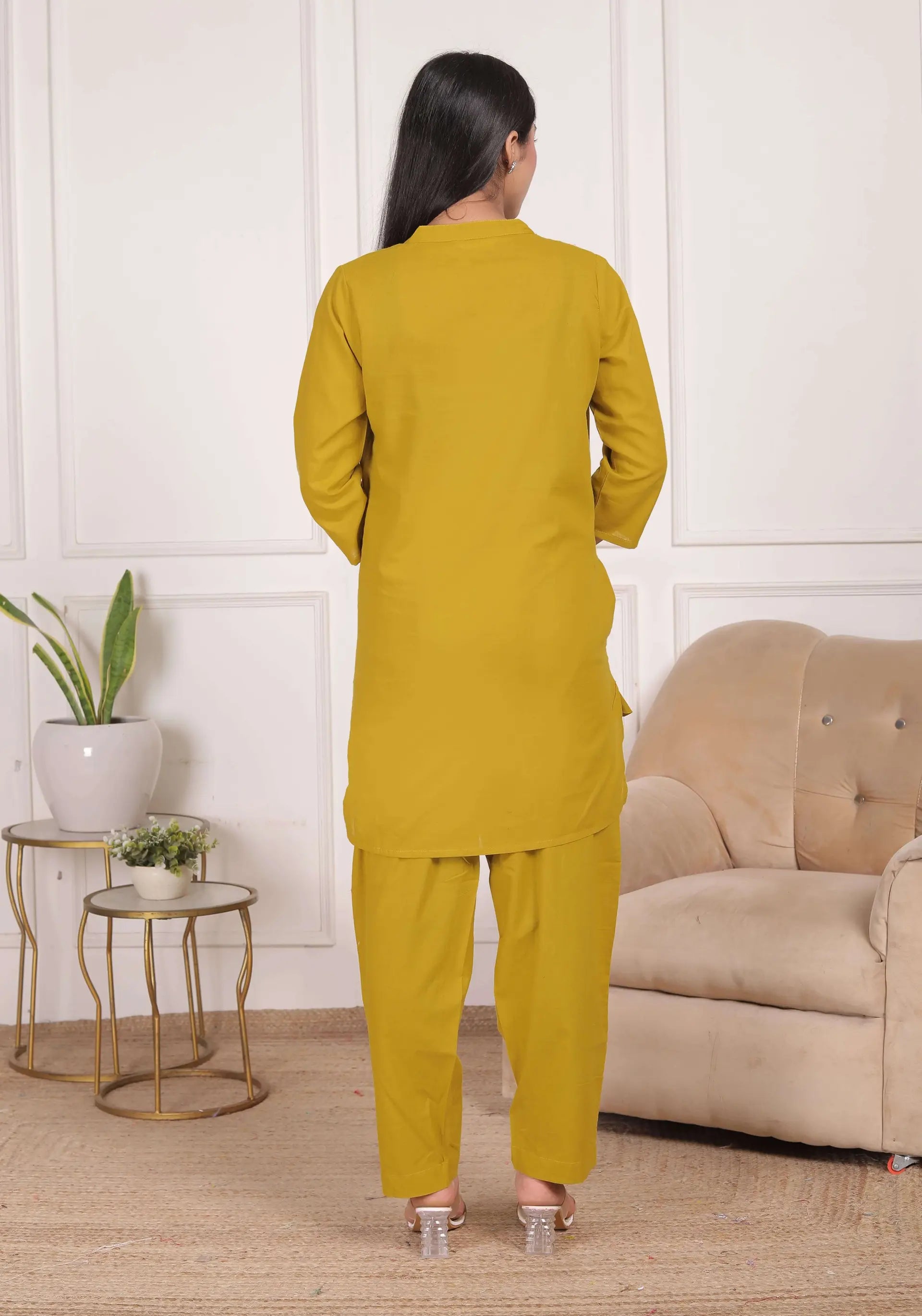 Mustard Yellow Cotton Kurta Set with Pleated Front & Tassel Detail | Elegant Dailywear Co-ord – Lamenda