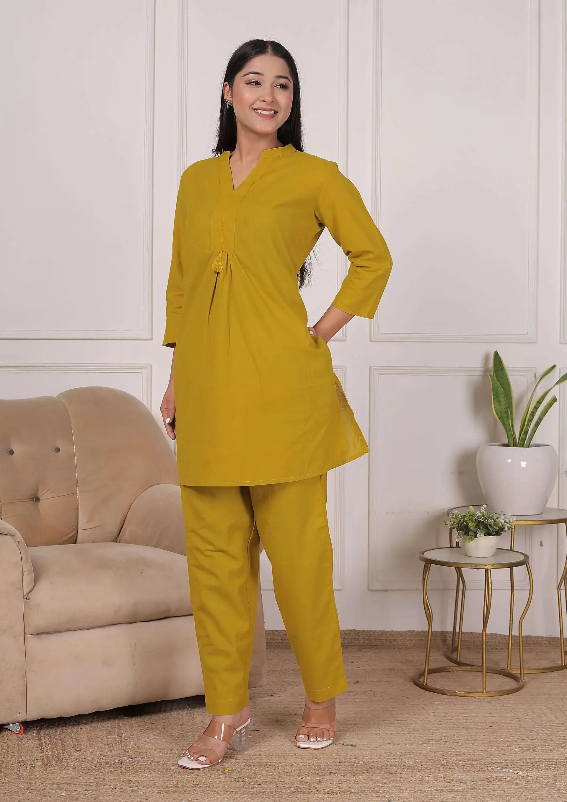 Mustard Yellow Cotton Kurta Set with Pleated Front & Tassel Detail | Elegant Dailywear Co-ord – Lamenda