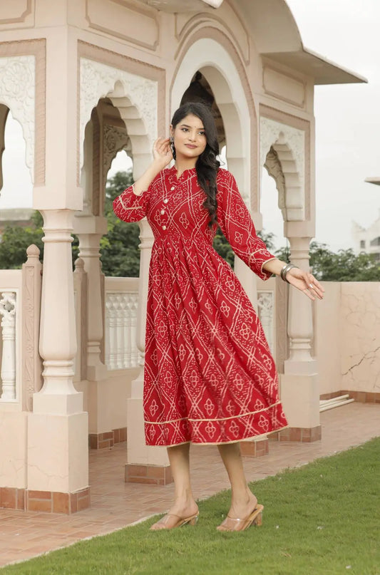 Red Bandhani Printed Cotton Flared Dress with 3/4 Sleeves & Button Detailing | Ethnic Festive Midi Dress – Lamenda