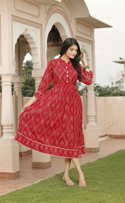Red Bandhani Printed Cotton Flared Dress with 3/4 Sleeves & Button Detailing | Ethnic Festive Midi Dress – Lamenda