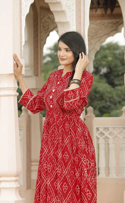 Red Bandhani Printed Cotton Flared Dress with 3/4 Sleeves & Button Detailing | Ethnic Festive Midi Dress – Lamenda