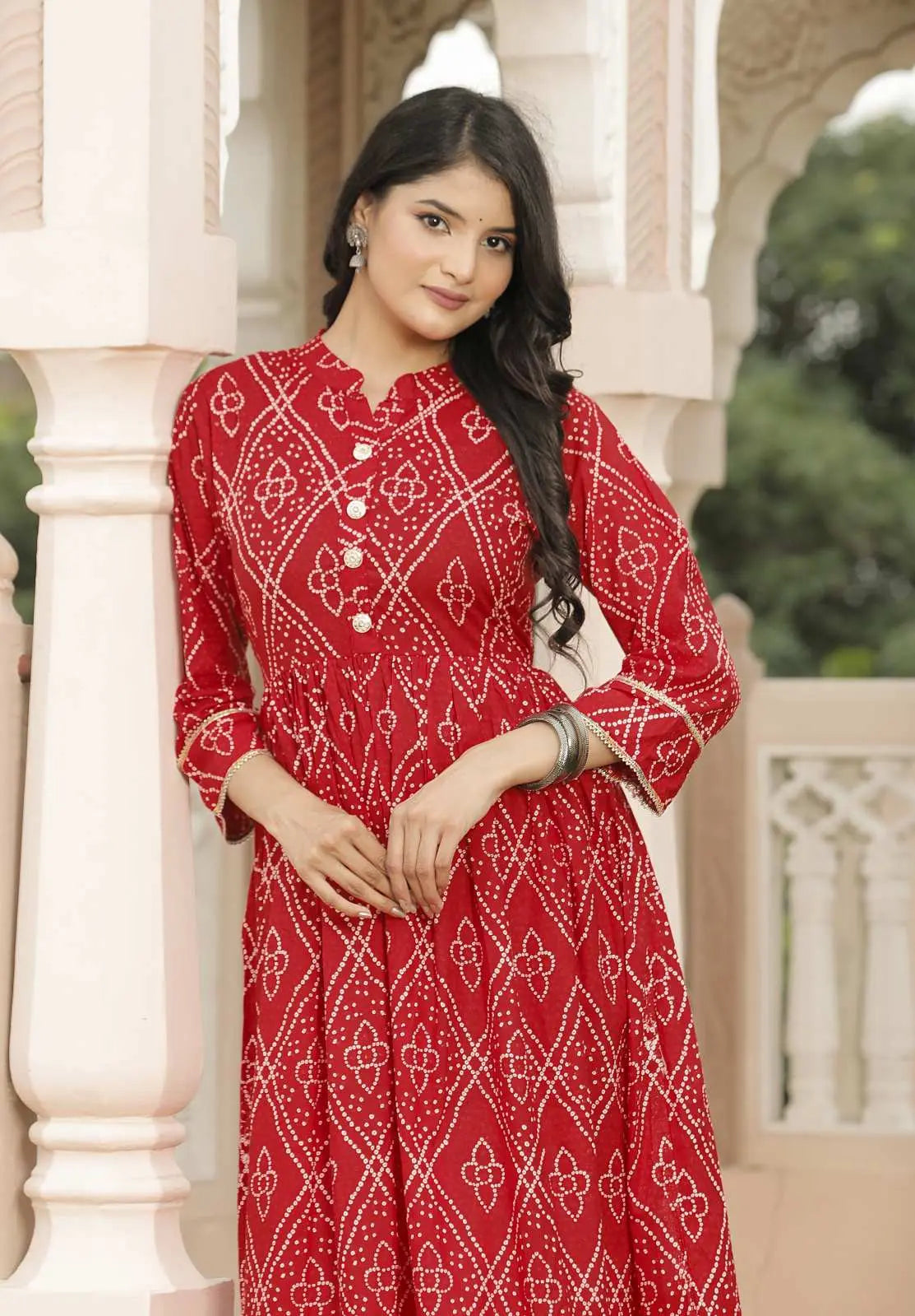 Red Bandhani Printed Cotton Flared Dress with 3/4 Sleeves & Button Detailing | Ethnic Festive Midi Dress – Lamenda