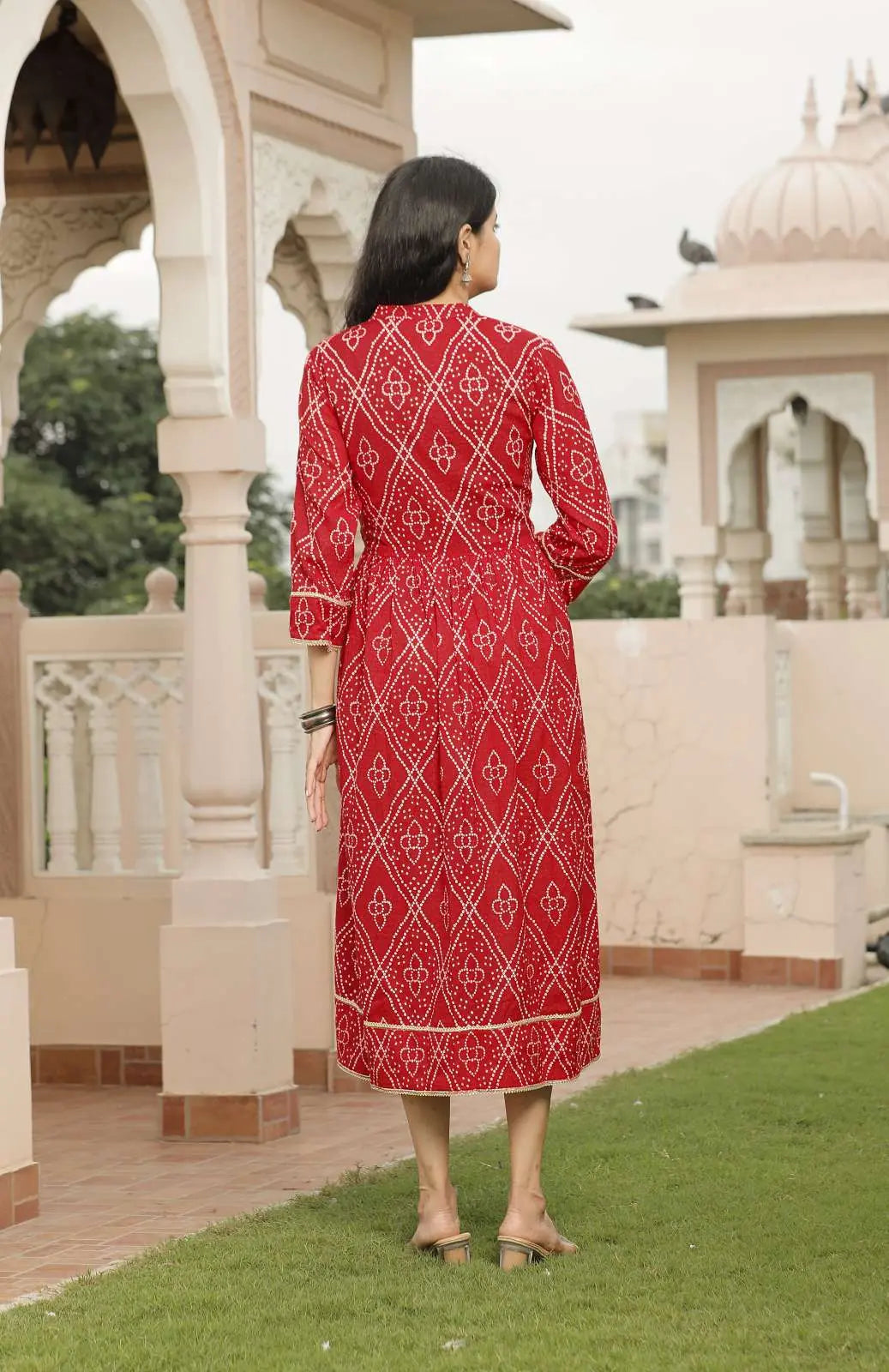 Red Bandhani Printed Cotton Flared Dress with 3/4 Sleeves & Button Detailing | Ethnic Festive Midi Dress – Lamenda