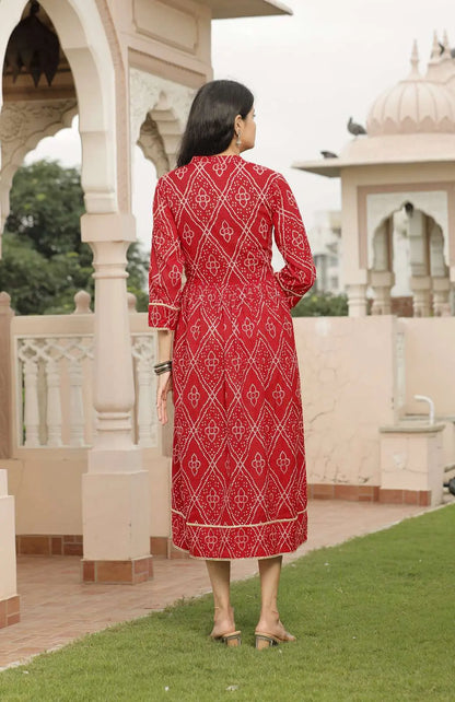 Red Bandhani Printed Cotton Flared Dress with 3/4 Sleeves & Button Detailing | Ethnic Festive Midi Dress – Lamenda