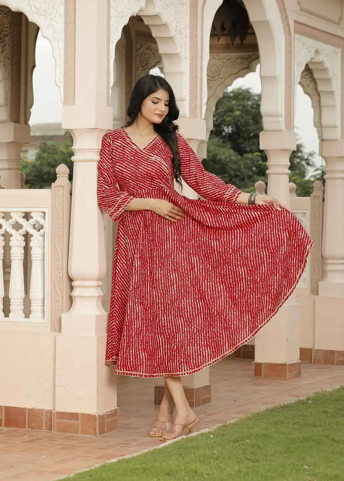 Red Leheriya Printed Cotton Flared Dress with V-Neck & 3/4 Sleeves | Festive Twirl-Worthy Ethnic Midi Dress – Lamenda