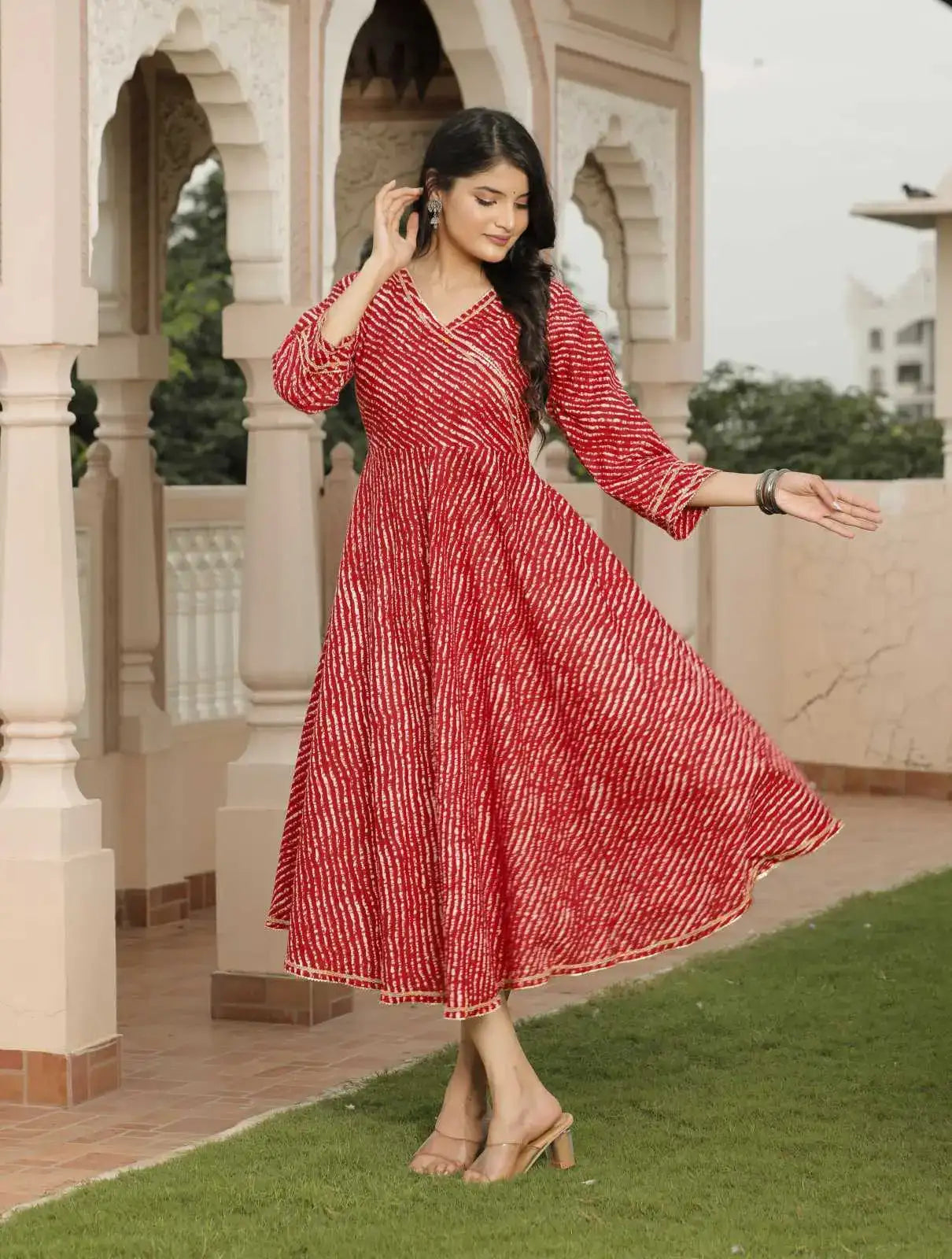 Red Leheriya Printed Cotton Flared Dress with V-Neck & 3/4 Sleeves | Festive Twirl-Worthy Ethnic Midi Dress – Lamenda