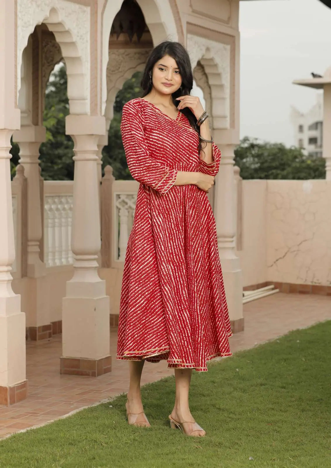 Red Leheriya Printed Cotton Flared Dress with V-Neck & 3/4 Sleeves | Festive Twirl-Worthy Ethnic Midi Dress – Lamenda