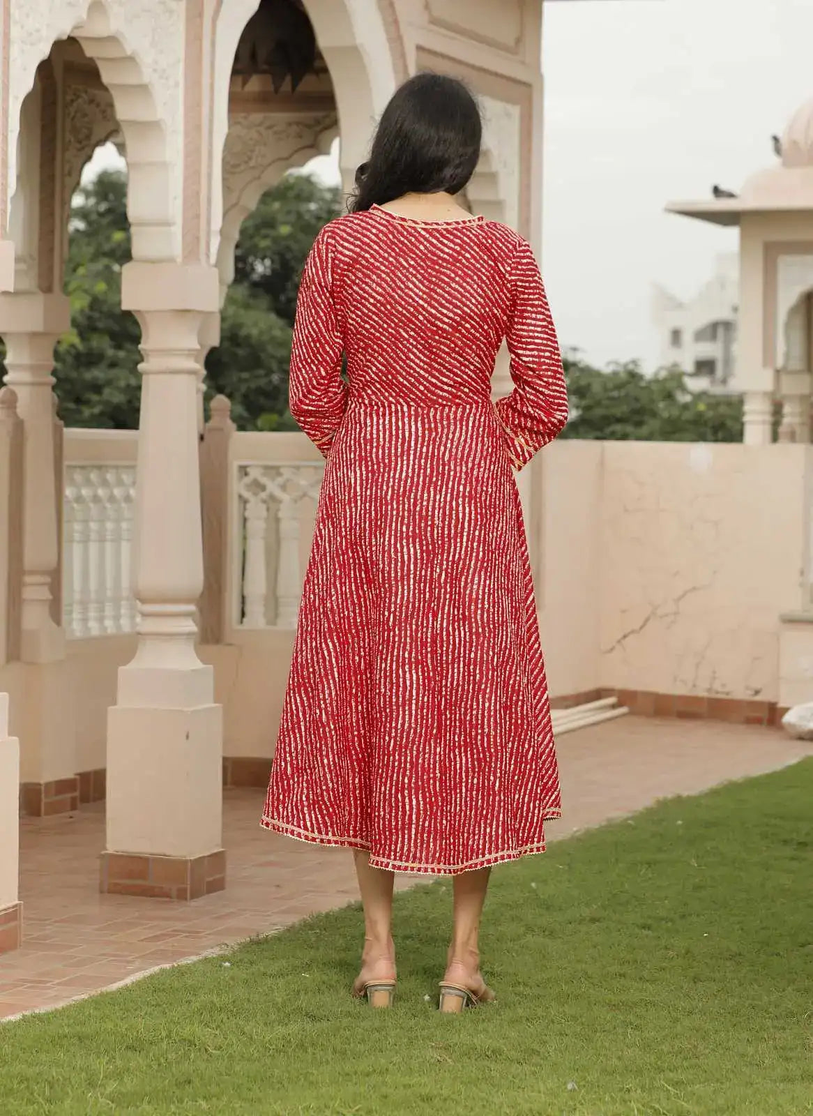 Red Leheriya Printed Cotton Flared Dress with V-Neck & 3/4 Sleeves | Festive Twirl-Worthy Ethnic Midi Dress – Lamenda