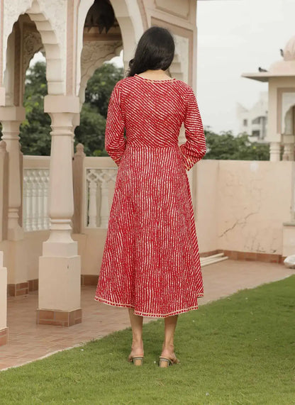 Red Leheriya Printed Cotton Flared Dress with V-Neck & 3/4 Sleeves | Festive Twirl-Worthy Ethnic Midi Dress – Lamenda