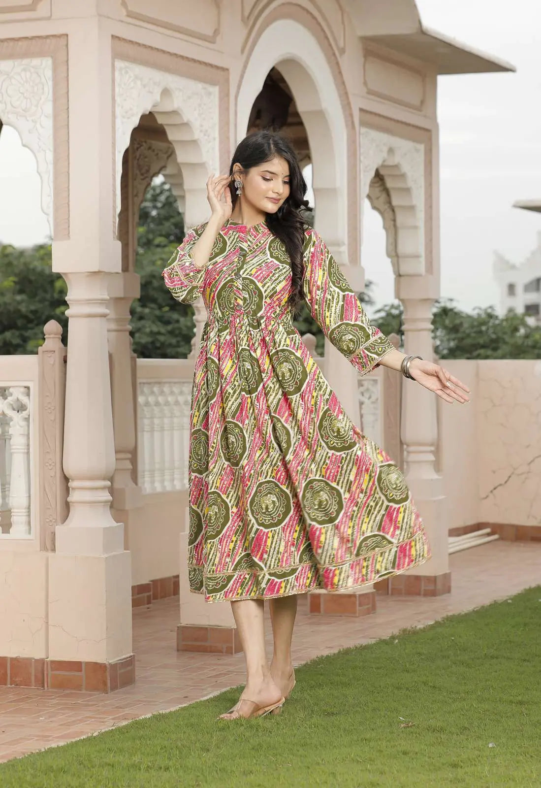 Multicolor Jaipuri Printed Cotton Flared Dress with Round Neck & 3/4 Sleeves | Festive Rajasthani Midi Dress – Lamenda