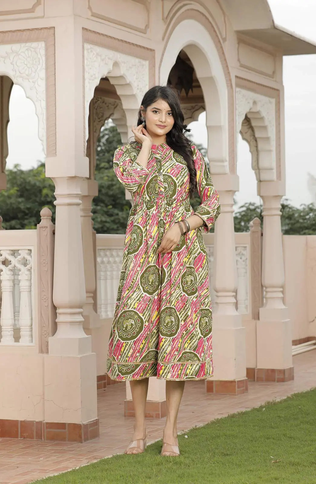 Multicolor Jaipuri Printed Cotton Flared Dress with Round Neck & 3/4 Sleeves | Festive Rajasthani Midi Dress – Lamenda