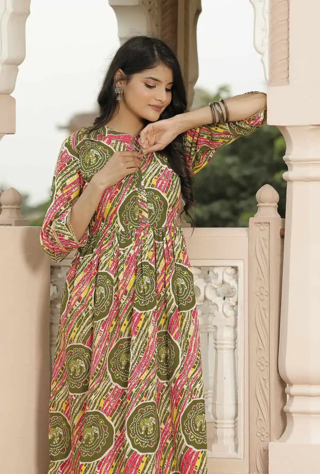 Multicolor Jaipuri Printed Cotton Flared Dress with Round Neck & 3/4 Sleeves | Festive Rajasthani Midi Dress – Lamenda