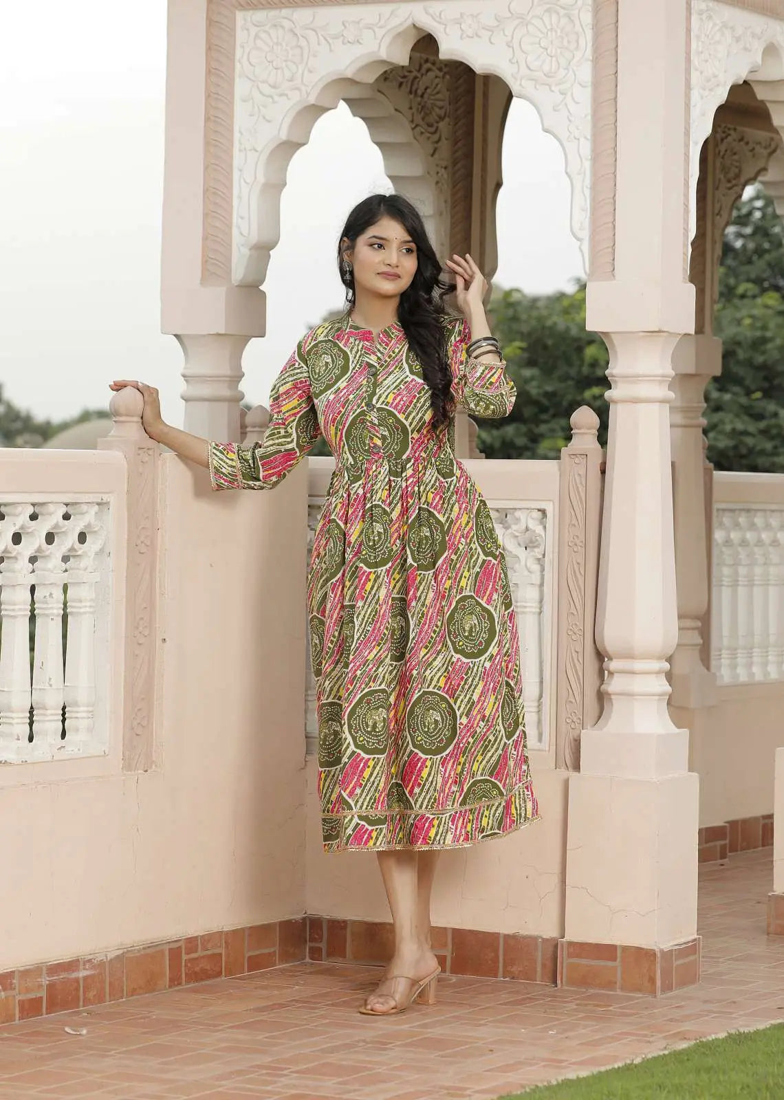 Multicolor Jaipuri Printed Cotton Flared Dress with Round Neck & 3/4 Sleeves | Festive Rajasthani Midi Dress – Lamenda