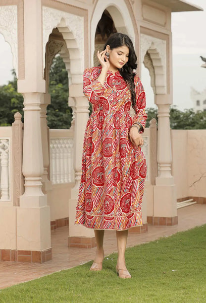 Red & Multicolor Jaipuri Printed Cotton Flared Dress with Round Neck & 3/4 Sleeves | Traditional Ethnic Midi Dress – Lamenda