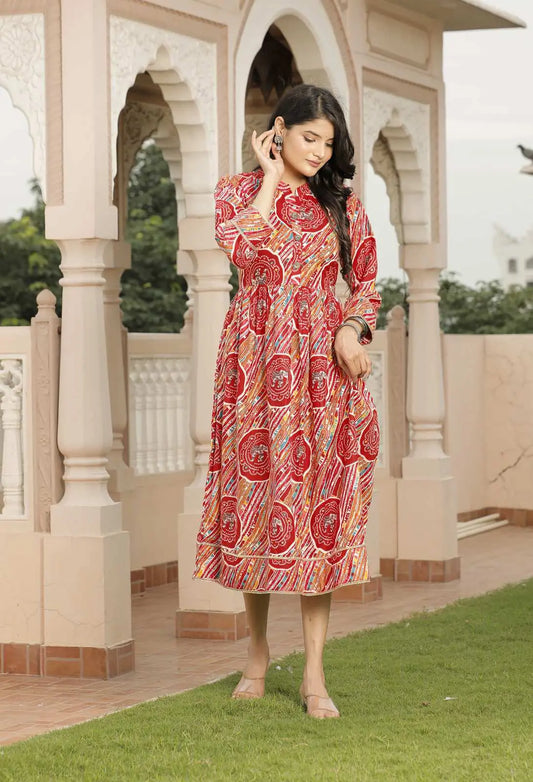 Red & Multicolor Jaipuri Printed Cotton Flared Dress with Round Neck & 3/4 Sleeves | Traditional Ethnic Midi Dress – Lamenda