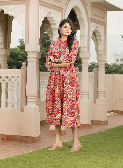 Red & Multicolor Jaipuri Printed Cotton Flared Dress with Round Neck & 3/4 Sleeves | Traditional Ethnic Midi Dress – Lamenda