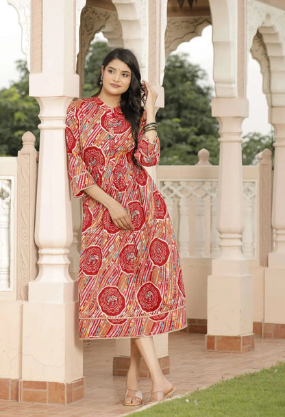 Red & Multicolor Jaipuri Printed Cotton Flared Dress with Round Neck & 3/4 Sleeves | Traditional Ethnic Midi Dress – Lamenda