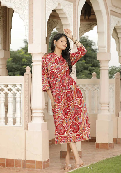 Red & Multicolor Jaipuri Printed Cotton Flared Dress with Round Neck & 3/4 Sleeves | Traditional Ethnic Midi Dress – Lamenda