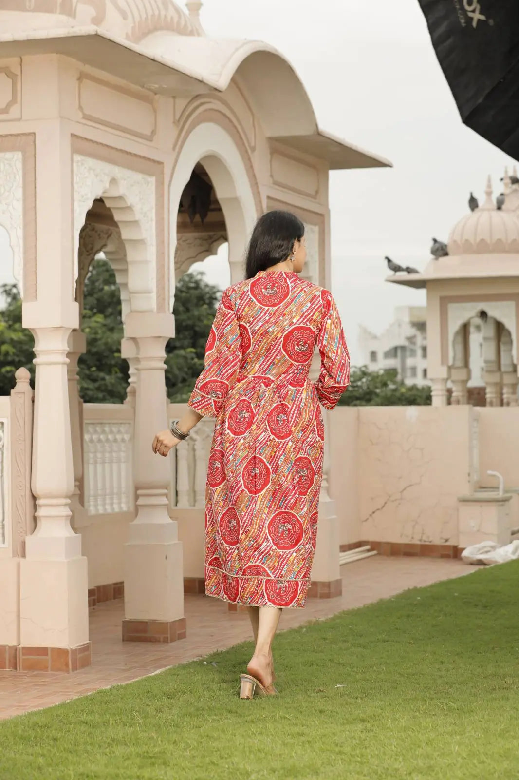 Red & Multicolor Jaipuri Printed Cotton Flared Dress with Round Neck & 3/4 Sleeves | Traditional Ethnic Midi Dress – Lamenda