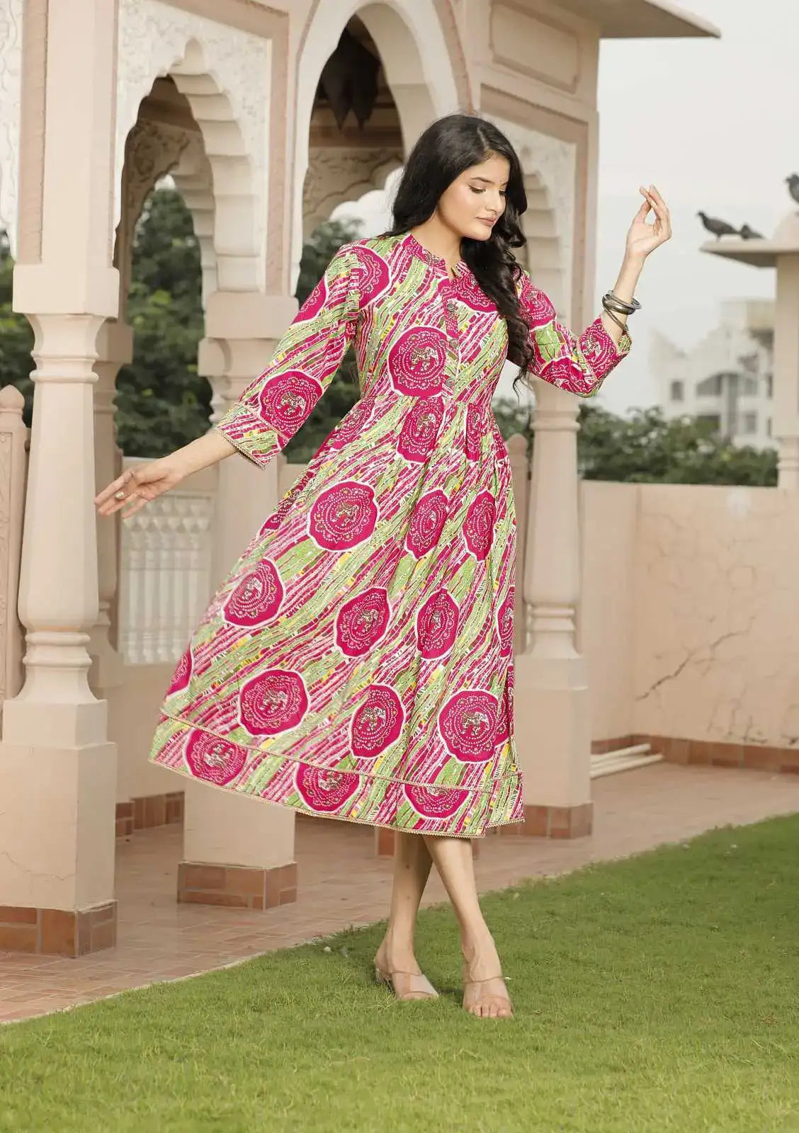 Pink & Green Jaipuri Printed Cotton Flared Dress with 3/4 Sleeves & Round Neck | Ethnic Fusion Midi Dress – Lamenda
