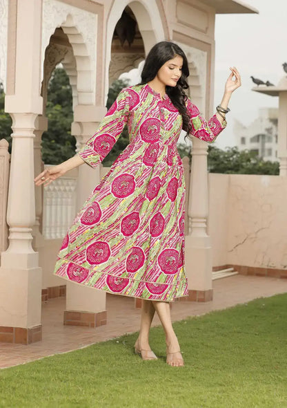 Pink & Green Jaipuri Printed Cotton Flared Dress with 3/4 Sleeves & Round Neck | Ethnic Fusion Midi Dress – Lamenda