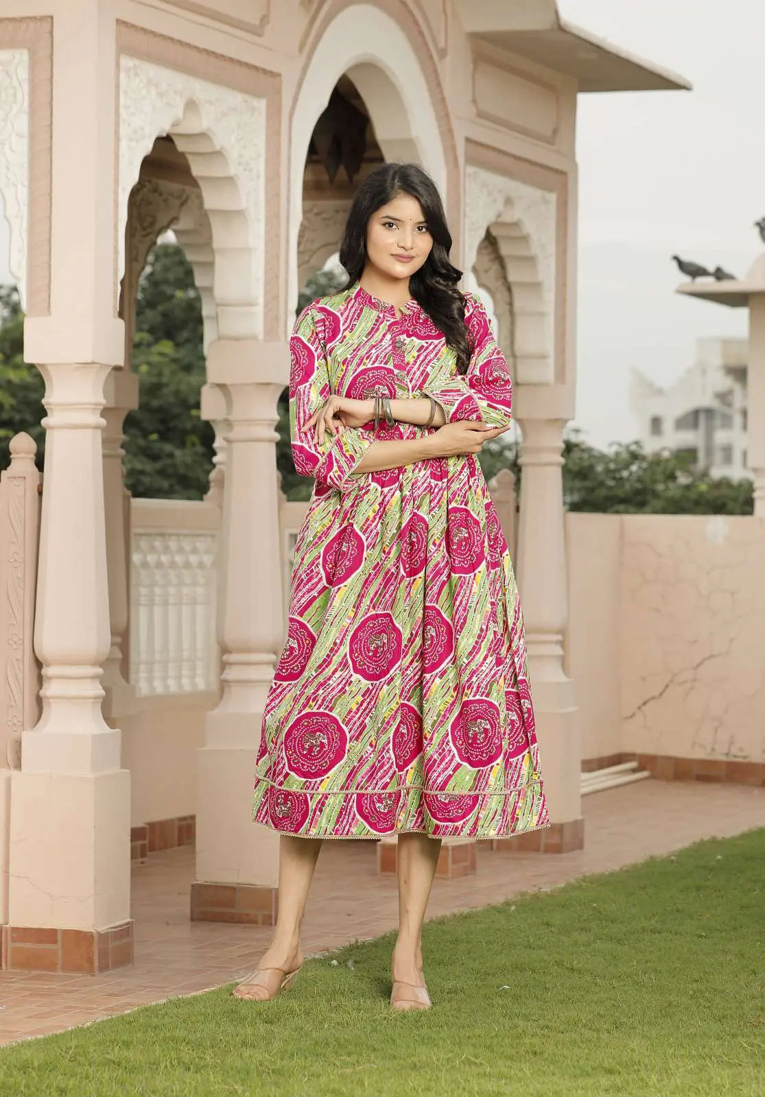 Pink & Green Jaipuri Printed Cotton Flared Dress with 3/4 Sleeves & Round Neck | Ethnic Fusion Midi Dress – Lamenda