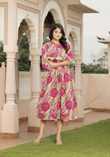 Pink & Green Jaipuri Printed Cotton Flared Dress with 3/4 Sleeves & Round Neck | Ethnic Fusion Midi Dress – Lamenda