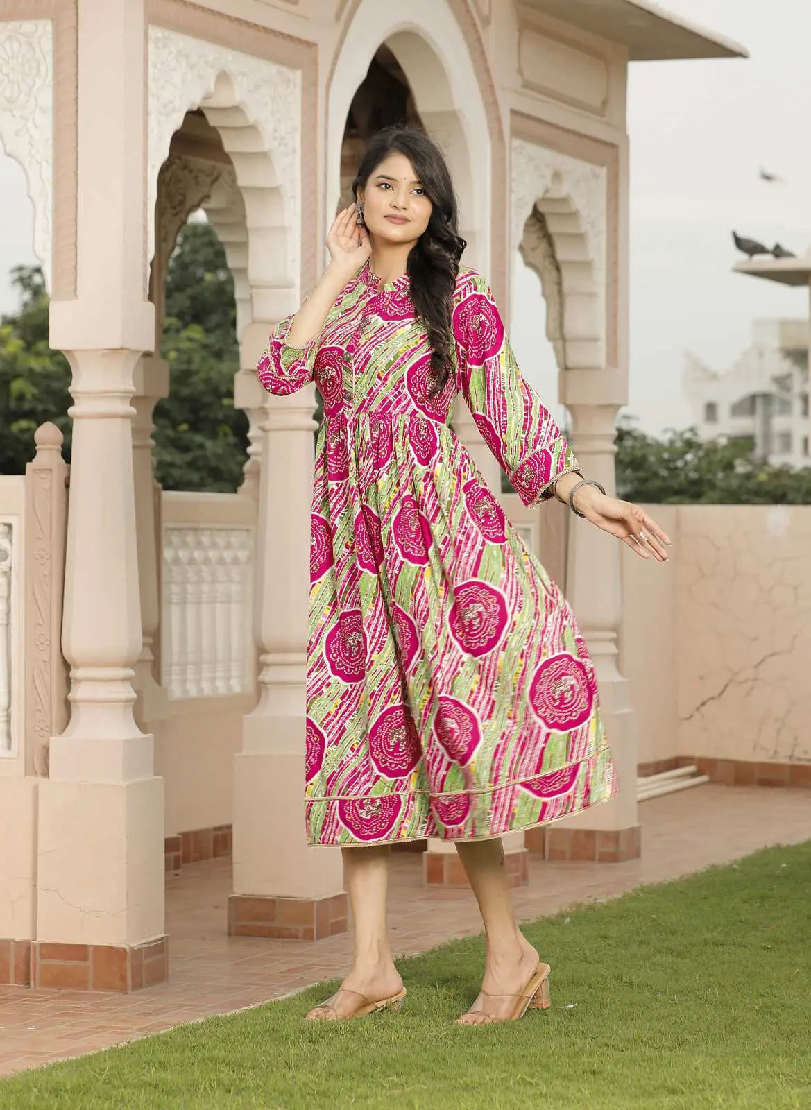Pink & Green Jaipuri Printed Cotton Flared Dress with 3/4 Sleeves & Round Neck | Ethnic Fusion Midi Dress – Lamenda
