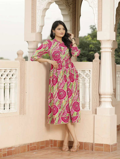 Pink & Green Jaipuri Printed Cotton Flared Dress with 3/4 Sleeves & Round Neck | Ethnic Fusion Midi Dress – Lamenda
