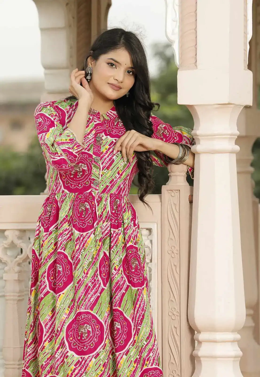 Pink & Green Jaipuri Printed Cotton Flared Dress with 3/4 Sleeves & Round Neck | Ethnic Fusion Midi Dress – Lamenda