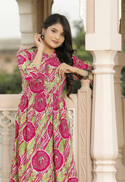 Pink & Green Jaipuri Printed Cotton Flared Dress with 3/4 Sleeves & Round Neck | Ethnic Fusion Midi Dress – Lamenda