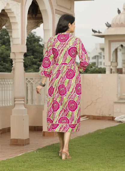 Pink & Green Jaipuri Printed Cotton Flared Dress with 3/4 Sleeves & Round Neck | Ethnic Fusion Midi Dress – Lamenda