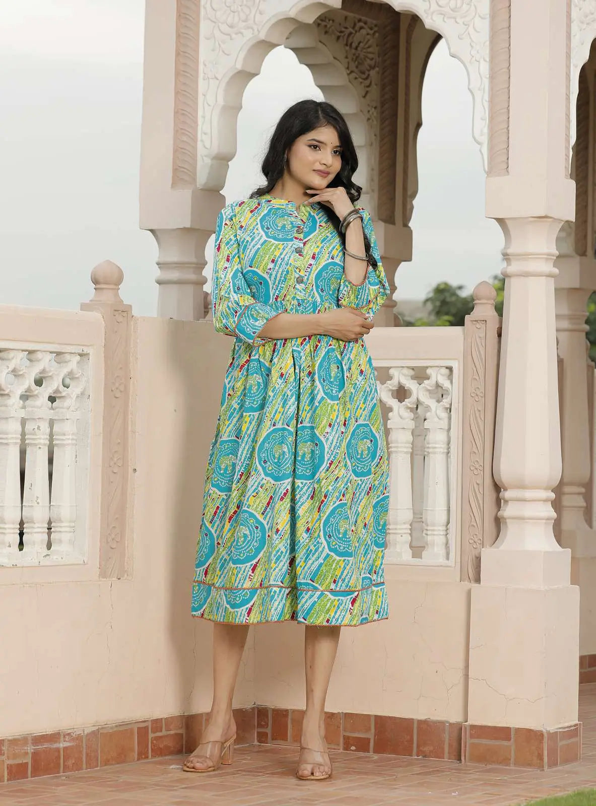 Blue & Multicolor Jaipuri Printed Cotton Flared Dress with 3/4 Sleeves & Front Buttons | Rajasthani Ethnic Midi Dress – Lamenda