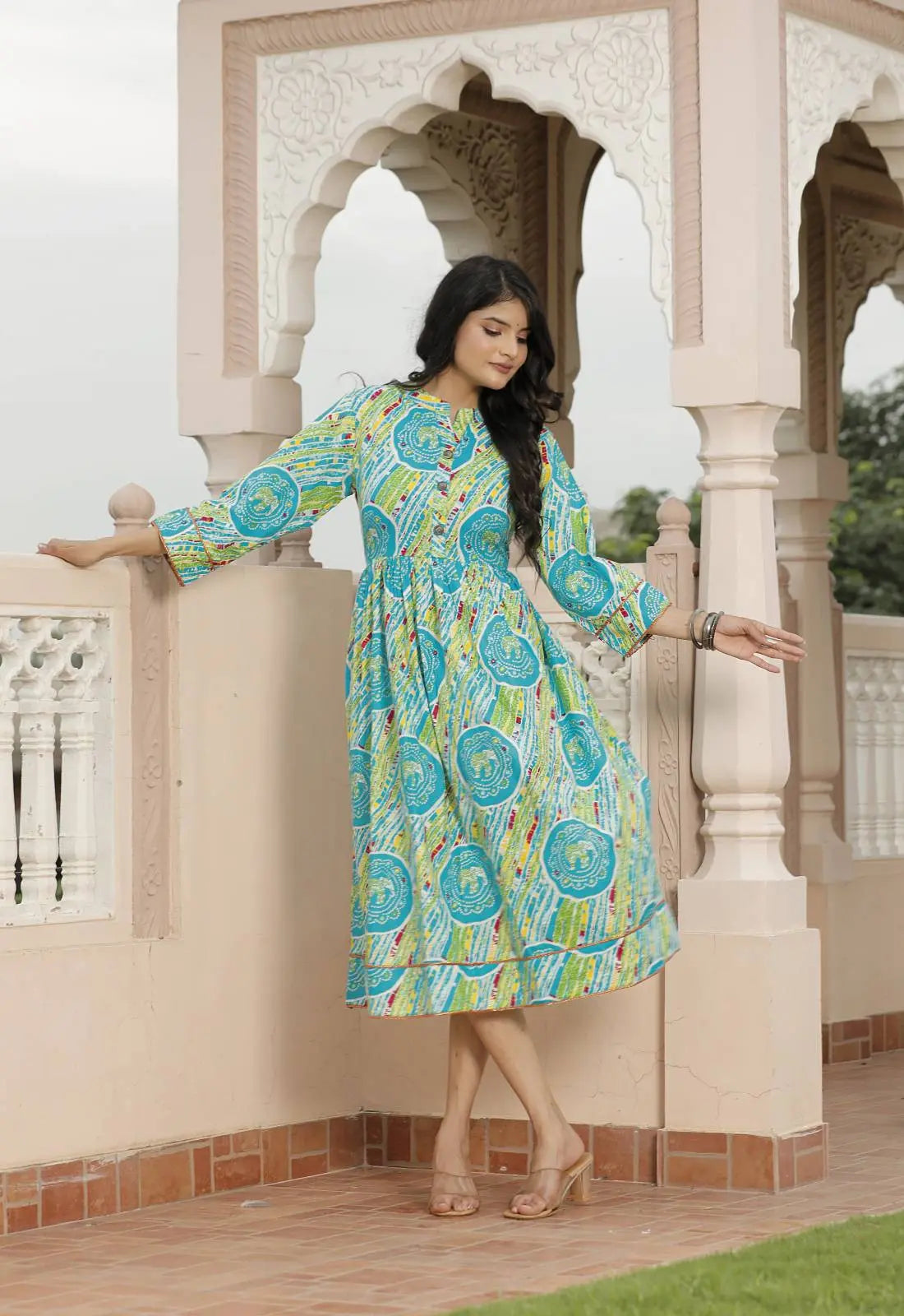 Blue & Multicolor Jaipuri Printed Cotton Flared Dress with 3/4 Sleeves & Front Buttons | Rajasthani Ethnic Midi Dress – Lamenda
