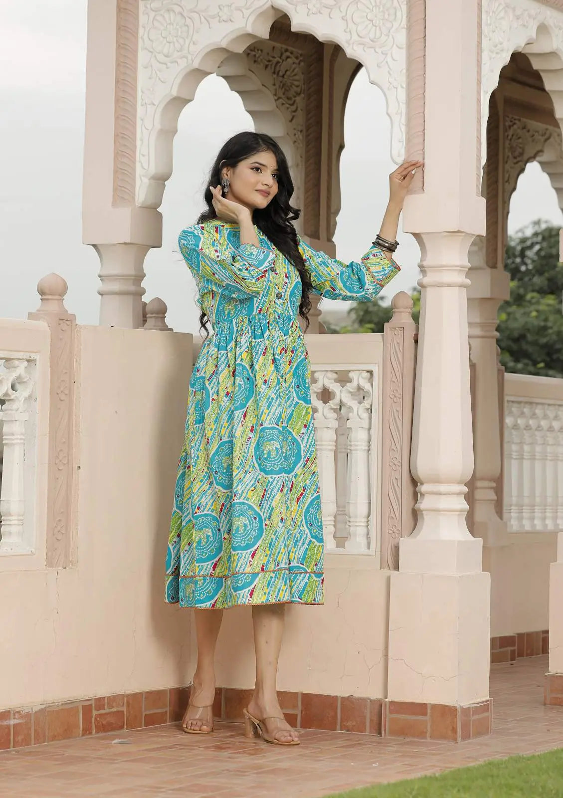 Blue & Multicolor Jaipuri Printed Cotton Flared Dress with 3/4 Sleeves & Front Buttons | Rajasthani Ethnic Midi Dress – Lamenda